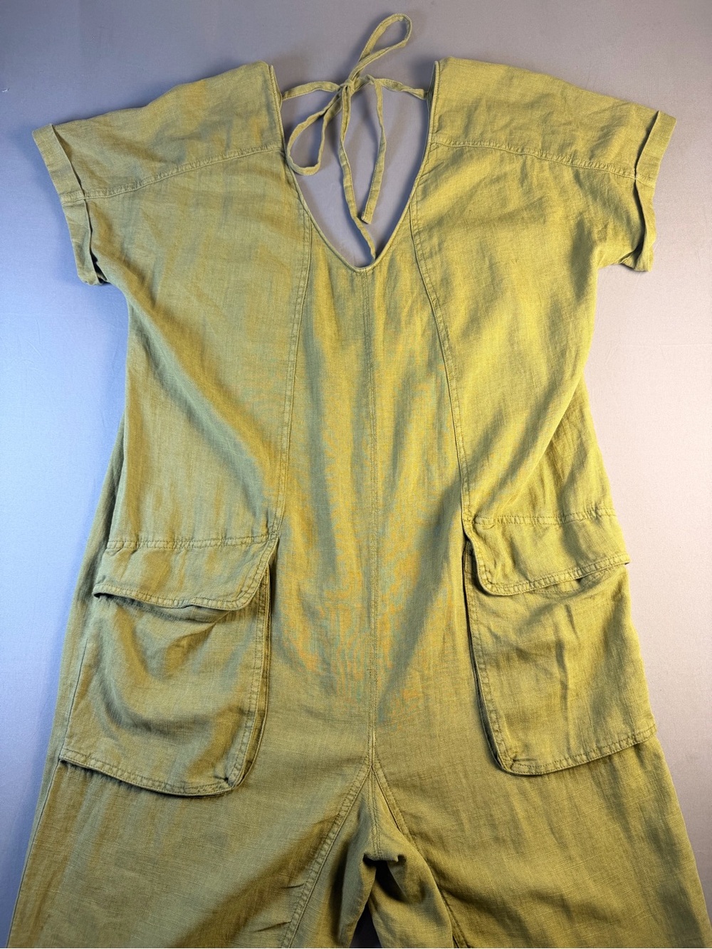 Like New Free People Olive Green Linen Jumpsuit with Front Pockets Size M - Picture 4 of 10